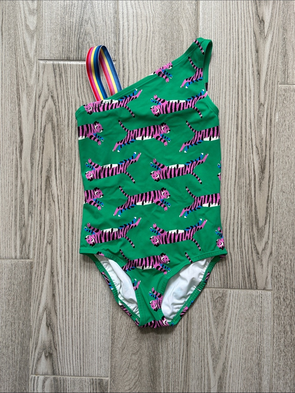 Kids One-Shoulder Green Swimsuit with Pink Tiger Print